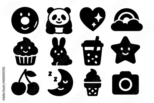 Cute cartoon icons: food, animals, and shapes in black silhouette design