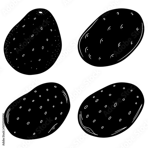 Four black and white potato illustrations with varying spot patterns and shapes on a white background