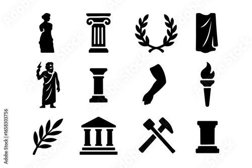 Classic greek symbols silhouettes: columns, laurels, and mythical figures in black icons