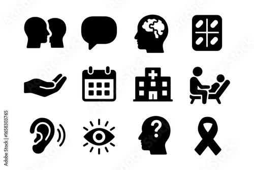 Mental health awareness icons: silhouettes of care and communication