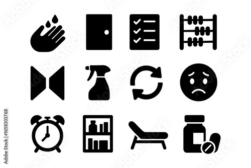 Essential icons collection: cleaning, tasks, wellness, and emotions in silhouette style