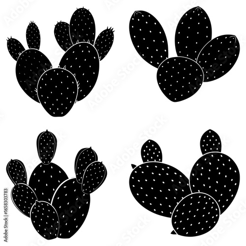 Four groups of black prickly pear cactus pads with white dots on a white background create a simple design