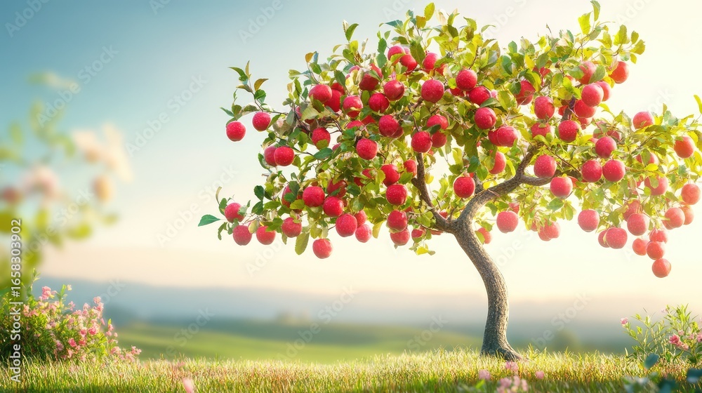 Apple tree in digital 3D style with detailed red apples, placed against a tranquil green background for a modern nature look Apple tree in digital 3D style with detailed red apples, placed against a tranquil green background for a modern nature look