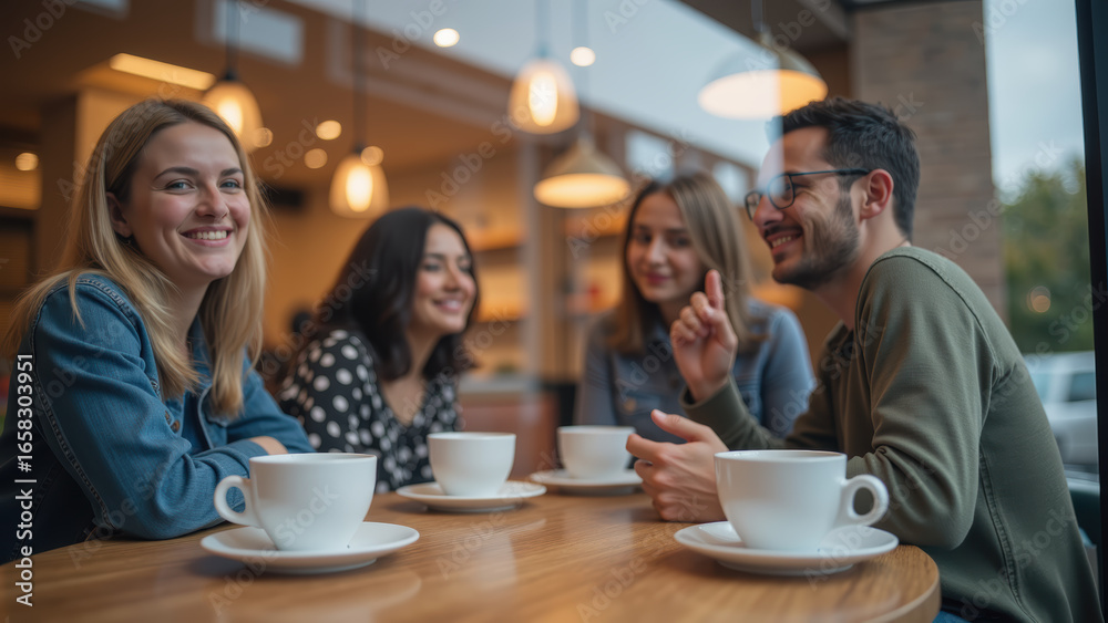 Naklejka premium Friendly gathering in cozy cafe with four young adults enjoying coffee and conversation, creating warm and inviting atmosphere
