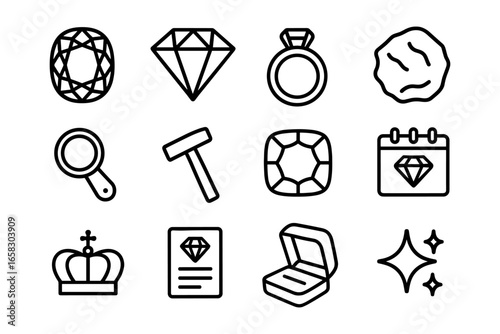 Line art jewelry icons set featuring diamonds, rings, and crowns