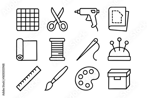 Craft tools set: icons of scissors, needle, glue gun, and more in line art style