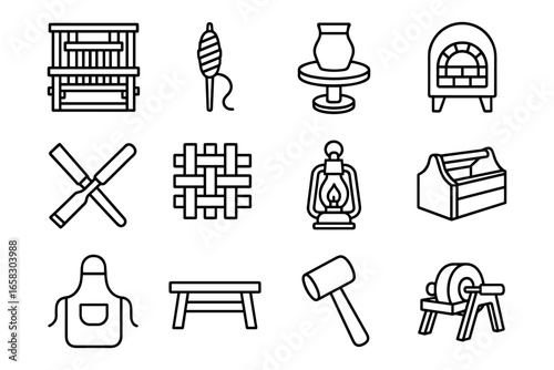 Vintage crafting tools in linear style for traditional artisans