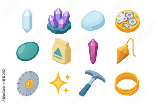 Isometric crystal collection: diverse gems, tools, and symbols in modern design