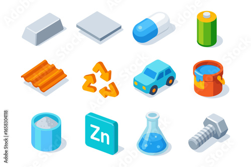 Isometric icons of metal items, battery, medicine, and more