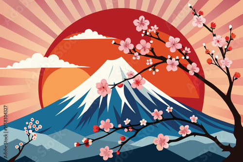Beautiful japanese landscape depicting mount fuji with cherry blossom branches and rising sun in a flat design