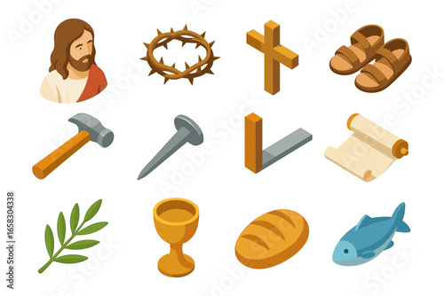 Isometric christian symbols: jesus, cross, and sacred items collection