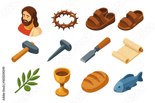 Religious symbols isometric set: christian iconography and historic artifacts