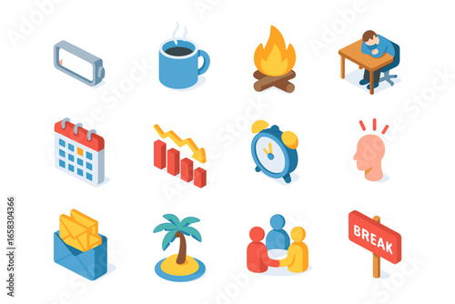 Isometric office icons: work, breaks, and productivity in modern design