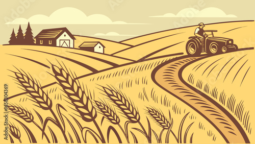 Farmers Harvesting Wheat with Tractor – Vector Illustration of Agriculture, Rural Life, and Farming 