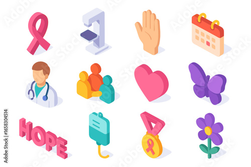 Healthcare awareness icons set: isometric breast cancer and wellness symbols