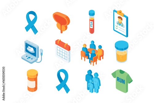 Isometric prostate health icons: awareness, diagnosis, family support, exercise