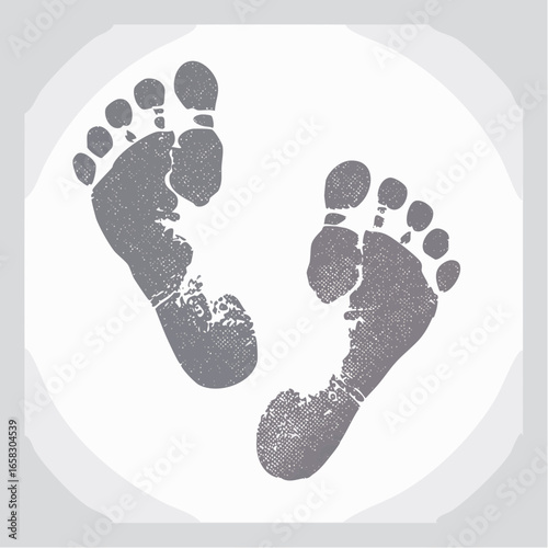 Monochrome vector illustration of infant footprints with a realistic stamp texture, symbolizing a new baby's arrival or a cherished keepsake.
