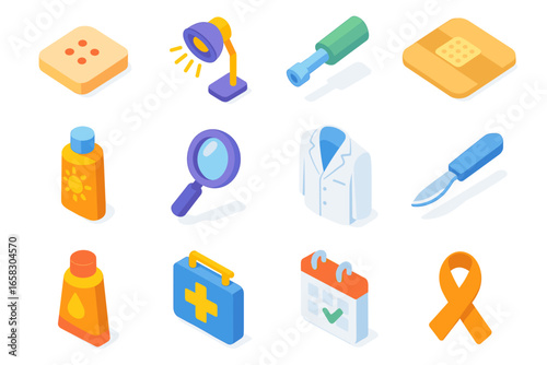 Isometric medical icons set: laboratory coat, syringe, magnifying glass, first aid kit, awareness ribbon