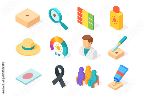 Skin cancer prevention and awareness isometric icons collection