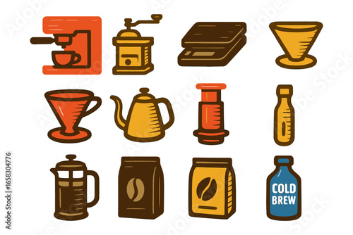 Colorful coffee brewing equipment icons for cafes and home baristas