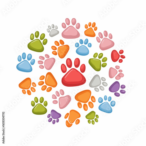 Playful Paw Prints Colorful Cartoon Animal Tracks in a Circular Pattern