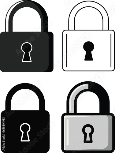 A versatile set of vector padlock icons for digital security concepts. Includes solid black, outline, and shaded gray styles suitable for web and graphic design.