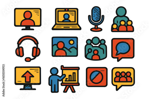 Online communication and collaboration icons for virtual meetings and remote work