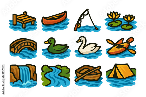 Colorful nature icons featuring lakeside activities and wildlife in a bold style