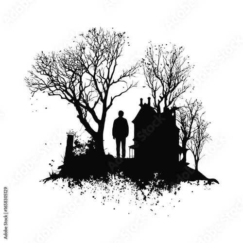 Silhouette of a person near a spooky house surrounded by bare trees on a white background scene design