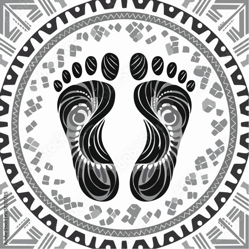 Striking tribal style vector art featuring foot imprints centered in a bold black and white geometric pattern, embodying cultural symbolism and spiritual journey.