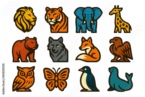 Colorful animal icons set featuring wild creatures in bold style