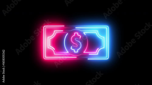 Neon glowing blue and pink dollar icon isolated on black background.