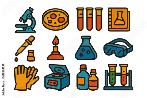 Colorful laboratory equipment set featuring scientific tools and protective gear