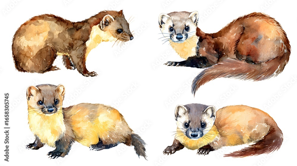 Fototapeta premium Colorful marten with long tail, watercolor illustration on a white background in a realistic style. Template. Hand drawing. Close-up. Clip art
