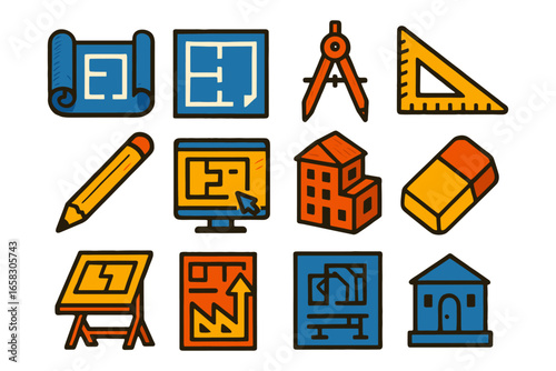 Colorful architectural design icons with blueprint and tools for construction projects