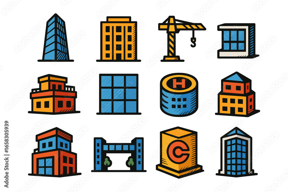 Fototapeta premium Colorful urban building icons collection featuring modern geometric designs