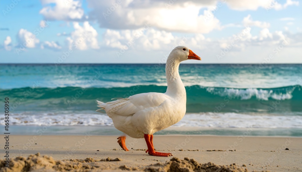 Fototapeta premium White goose on sandy beach, ocean background