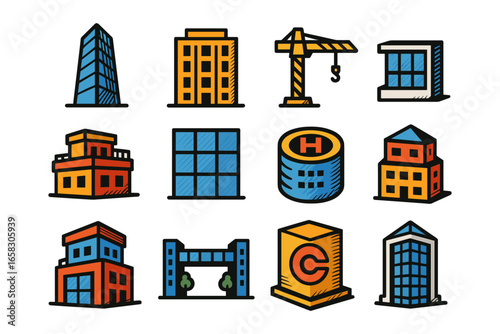 Colorful urban building icons collection featuring modern geometric designs