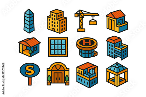 Isometric city icons: buildings, structures, and urban elements