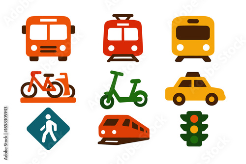 Colorful icons of public transportation and urban mobility options