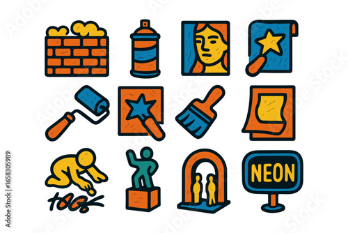 Graffiti icon set with art supplies and street art elements in bold colorful style