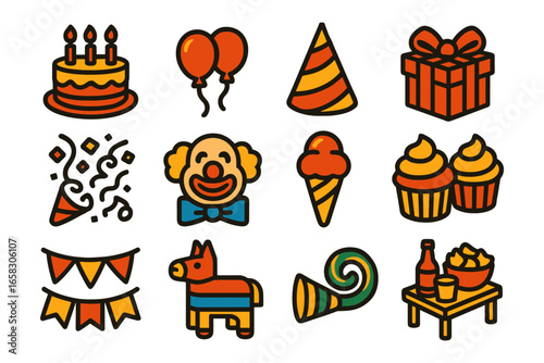Festive party icons with birthday cake, balloons, clown, and more