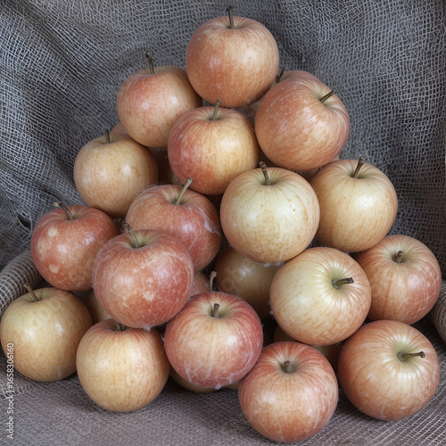 Heap of ripened apples on burlap