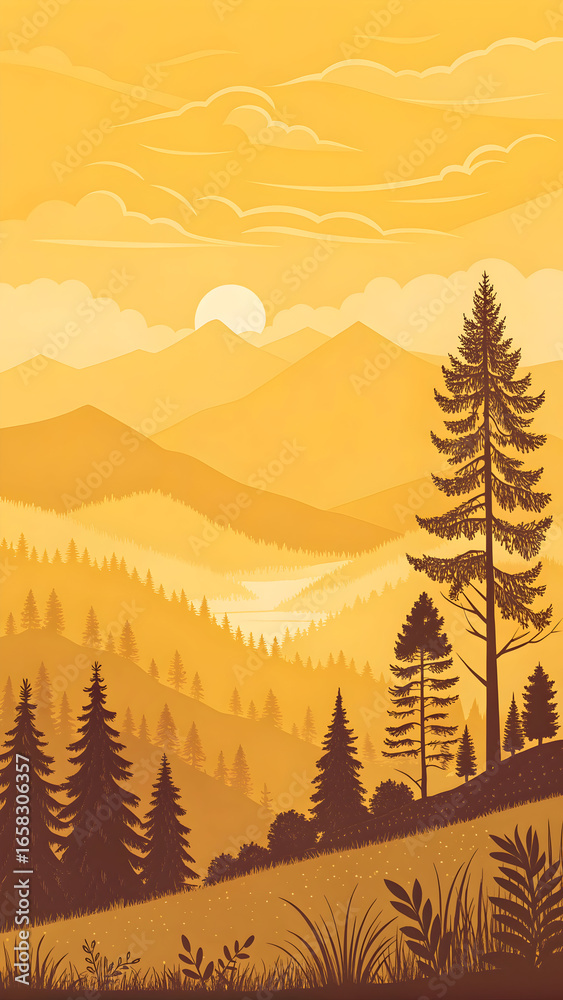 Fototapeta premium A vibrant yellow and orange sunset over layered mountains and pine forests in a stylized landscape sunrise Full HD 4K Video Download 2025 2026