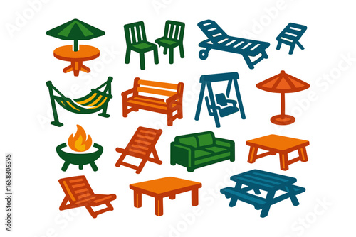 Outdoor furniture collection with chairs, bench, swing, and lounger in modern flat design