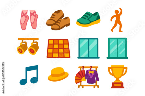 Colorful dance and music icons set including shoes and trophy