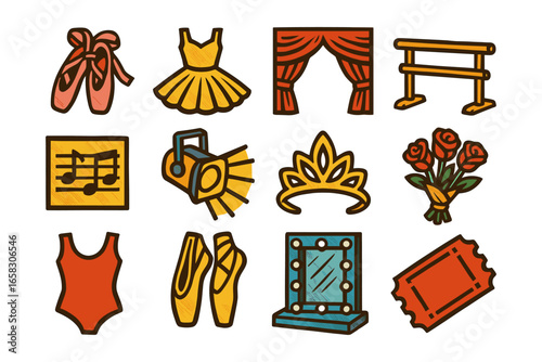 Colorful ballet and theater icons featuring dance shoes, costumes, and stage props