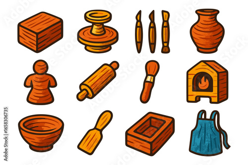 Handcrafted pottery and woodworking tools set in vintage style