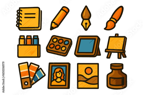 Artistic tools collection: sketchpad, pencil, paintbrush, easel, palette