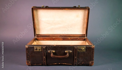 Antique Brown Leather Suitcase Open Empty on Gray Background